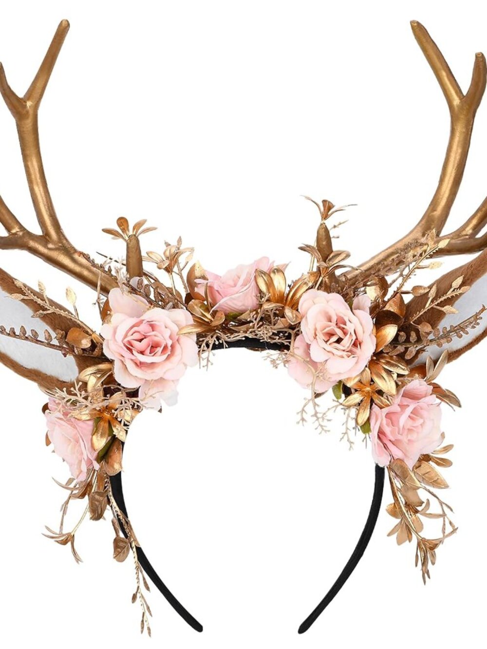 Handmade Gold Flower Antler Headband - Woodland Floral Reindeer Headpiece with D